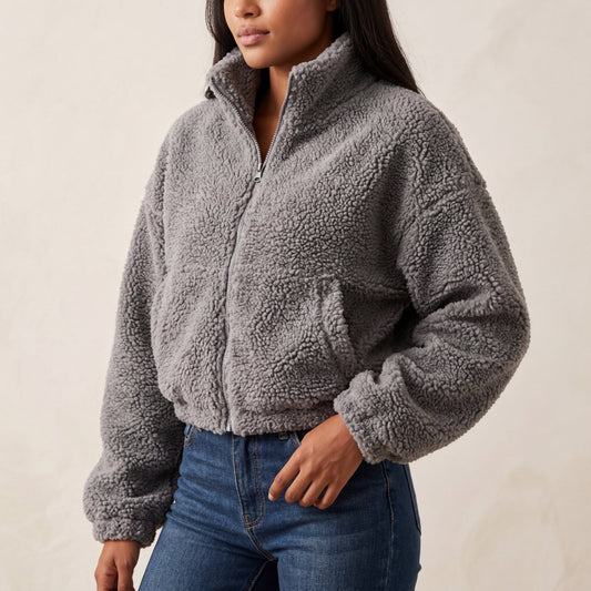 Cropped Half Zip Teddy Jacket