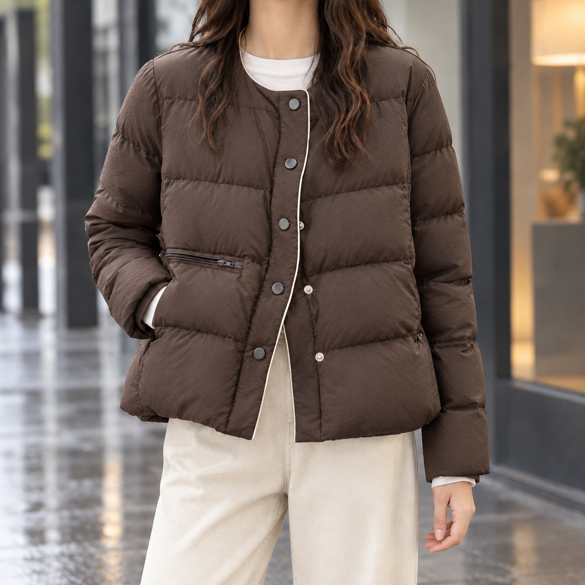 Collarless Quilted Down Jacket