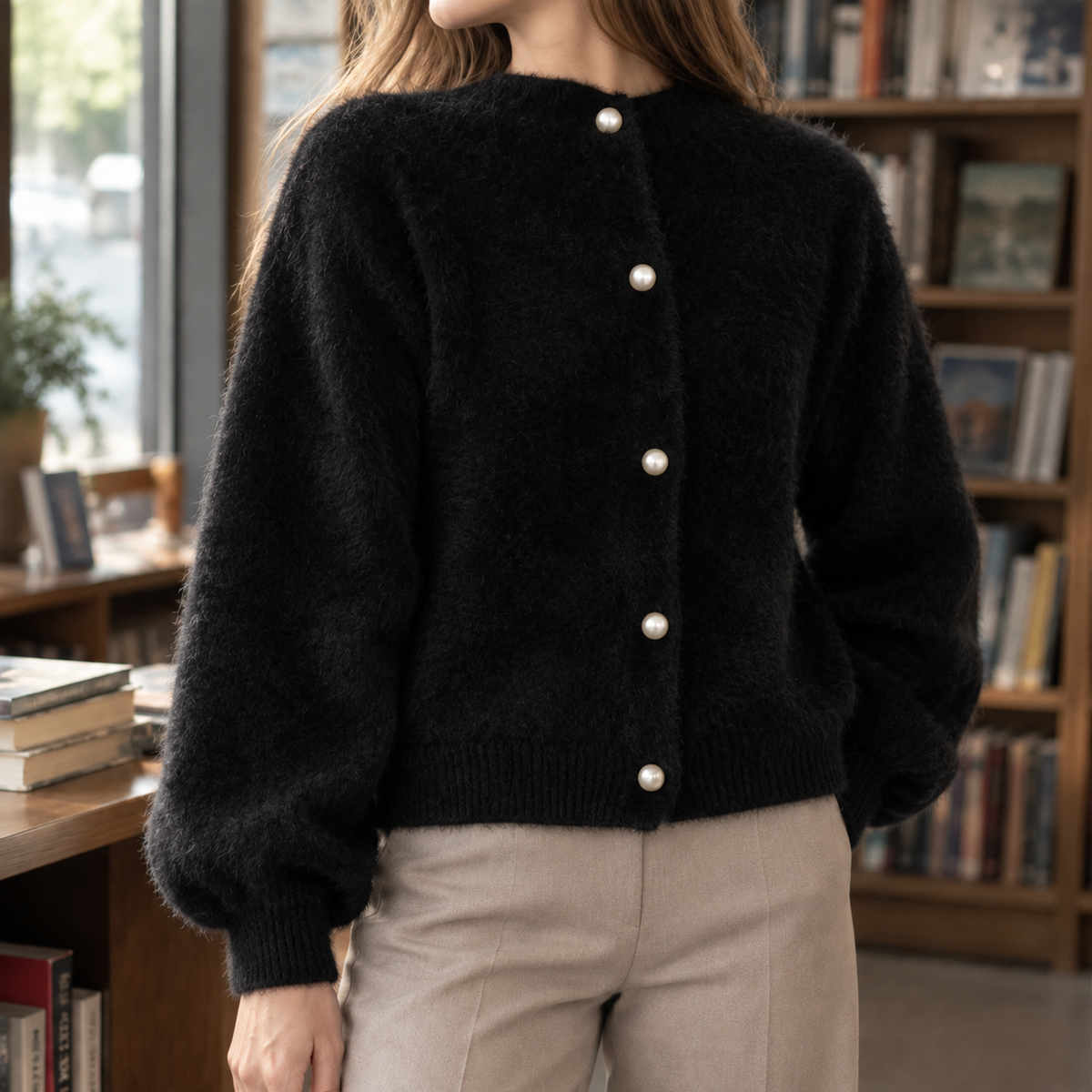 Fuzzy Knit Pearl Button Cardigan