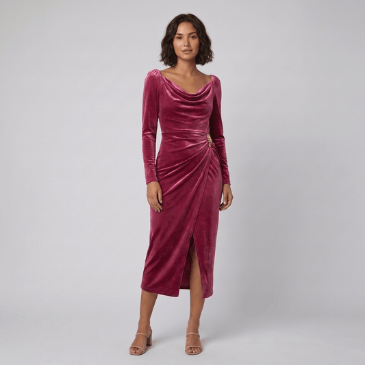 Ruffled Velvet Long-Sleeve Midi Dress