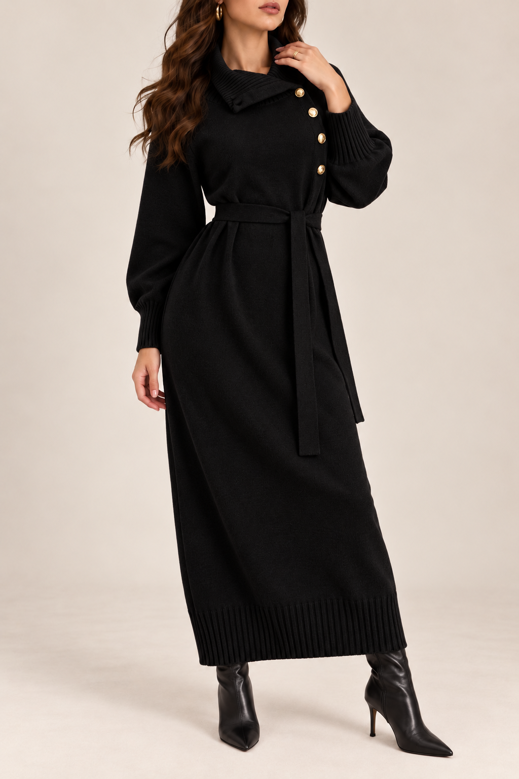 High Neck Belted Knit Midi Dress
