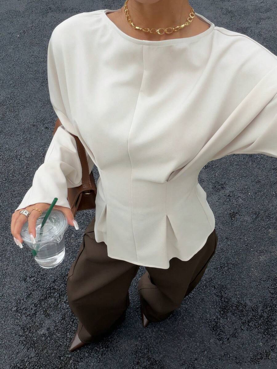 Batwing Sleeve Boat Neck Fitted Top