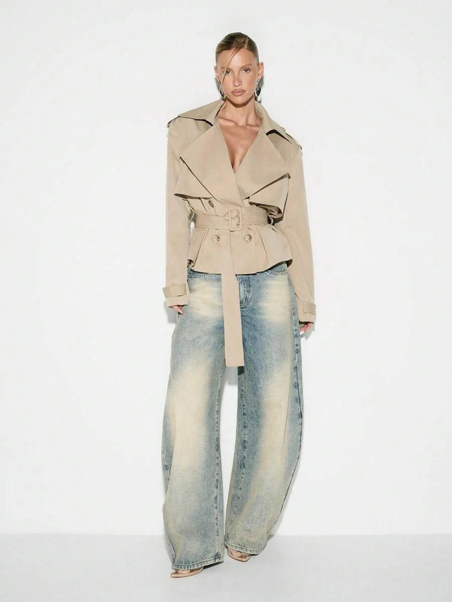 Cropped Belted Trench Coat with Shoulder Pads