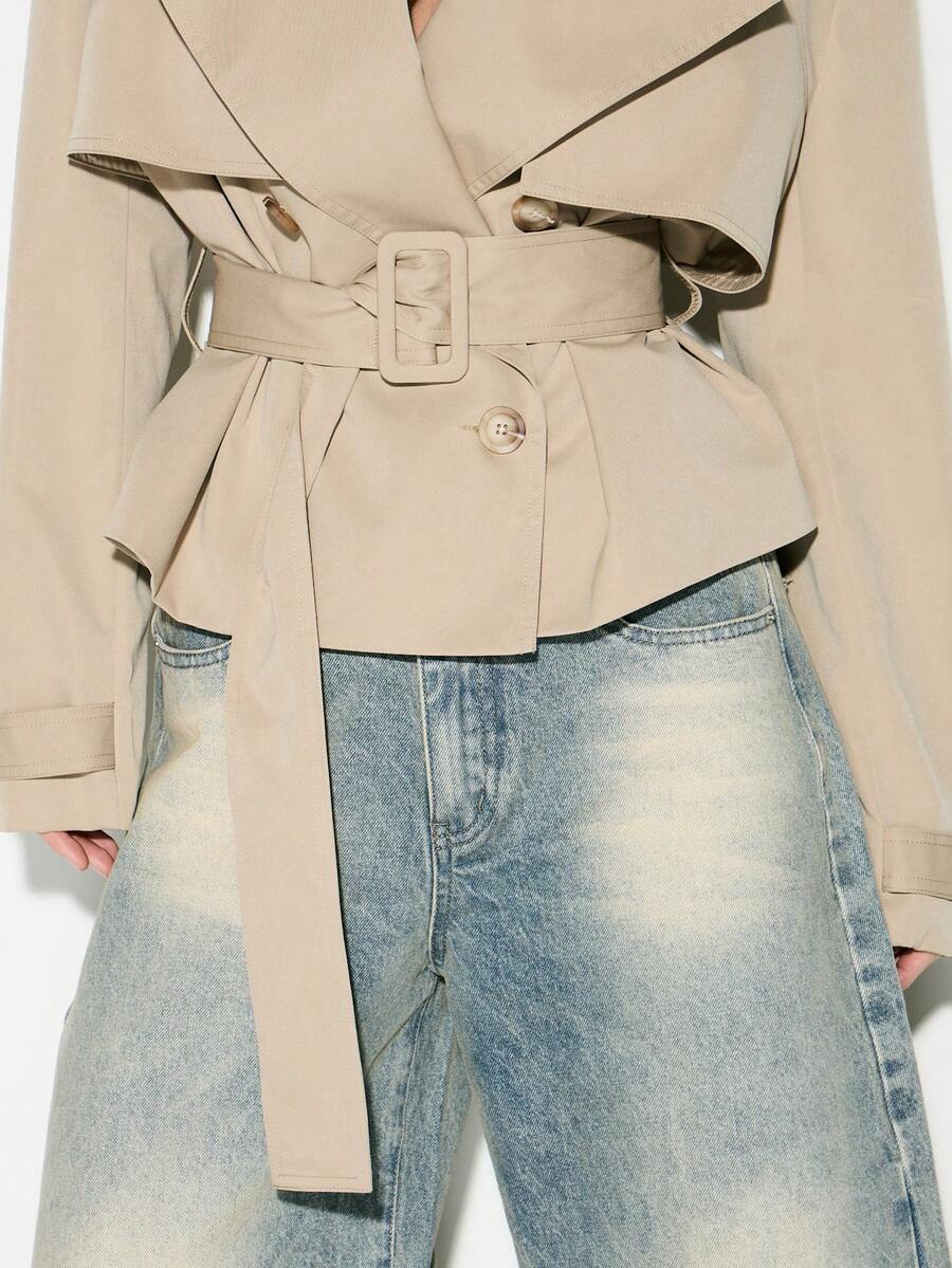 Cropped Belted Trench Coat with Shoulder Pads