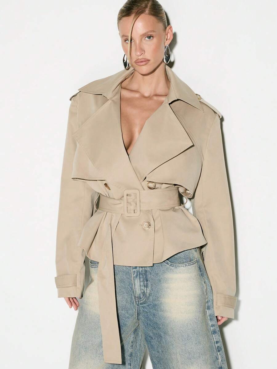 Cropped Belted Trench Coat with Shoulder Pads
