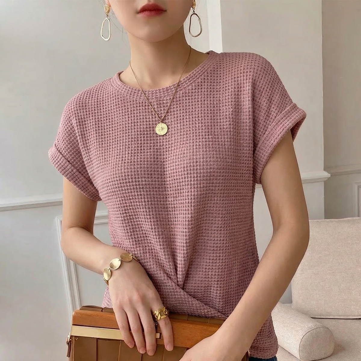 Twist Hem Waffle Knit Top
