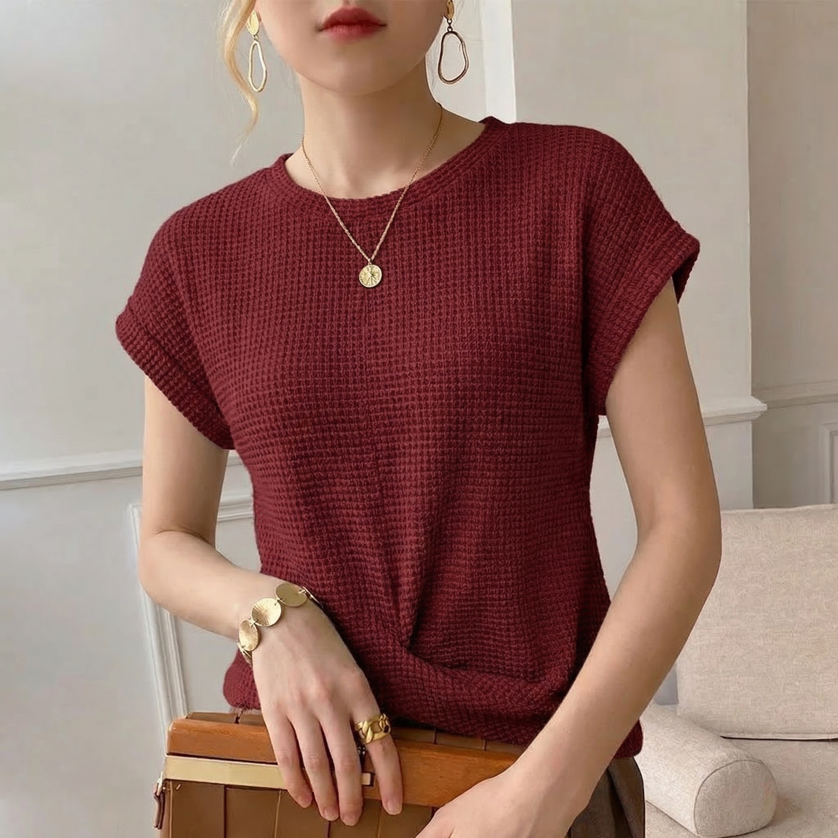 Twist Hem Waffle Knit Top