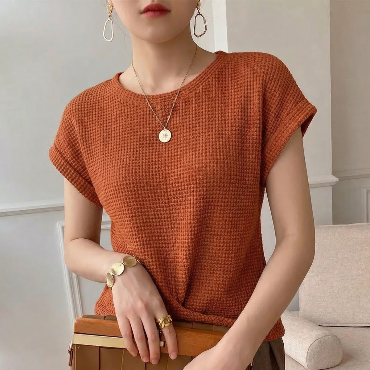 Twist Hem Waffle Knit Top