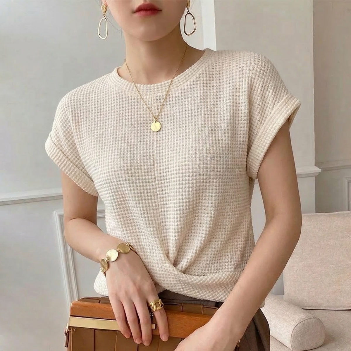 Twist Hem Waffle Knit Top