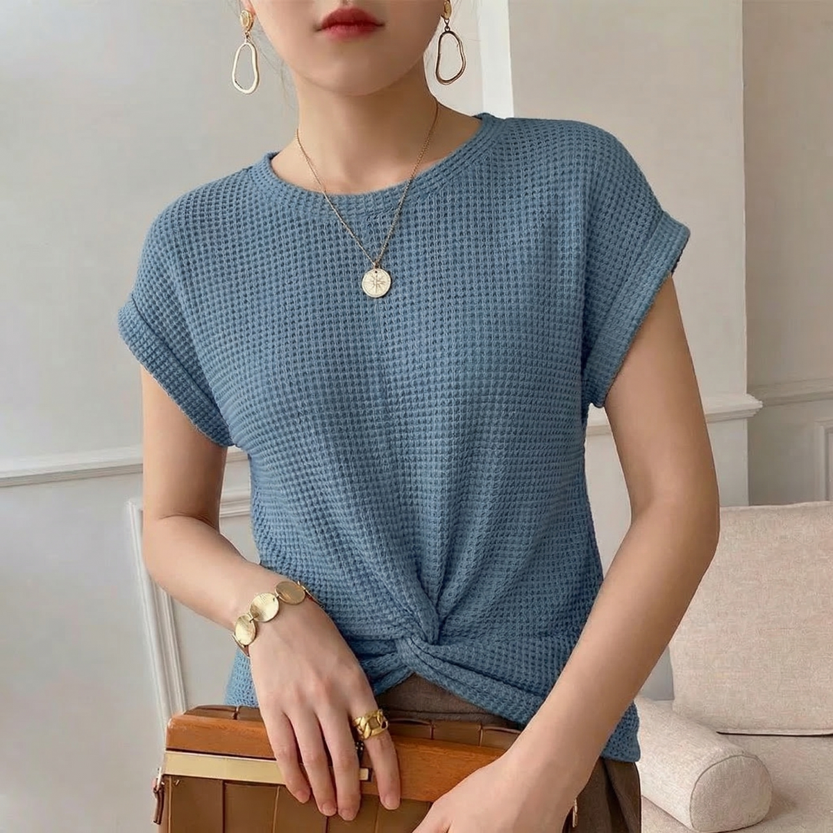 Twist Hem Waffle Knit Top