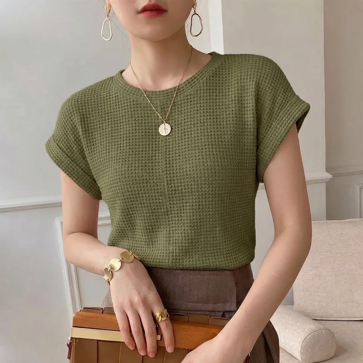 Twist Hem Waffle Knit Top