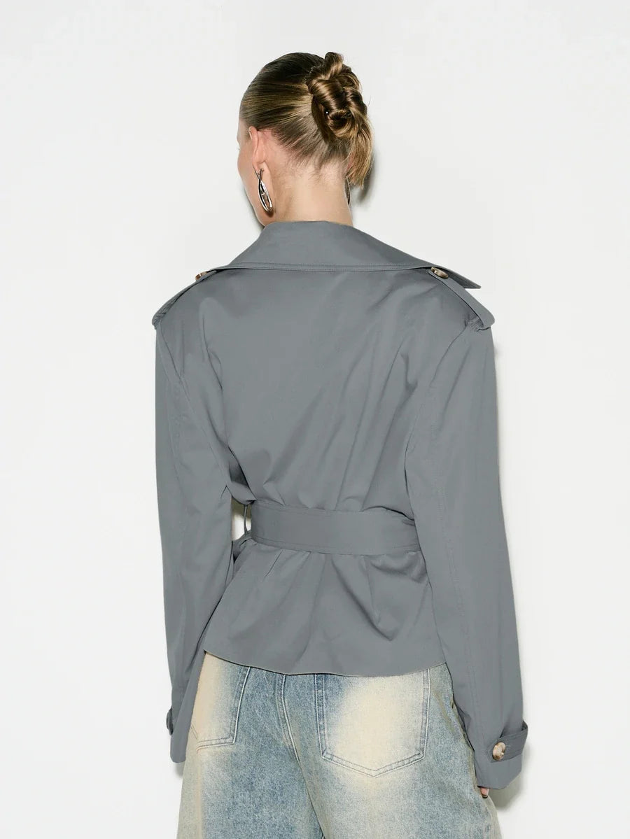 Cropped Belted Trench Coat with Shoulder Pads