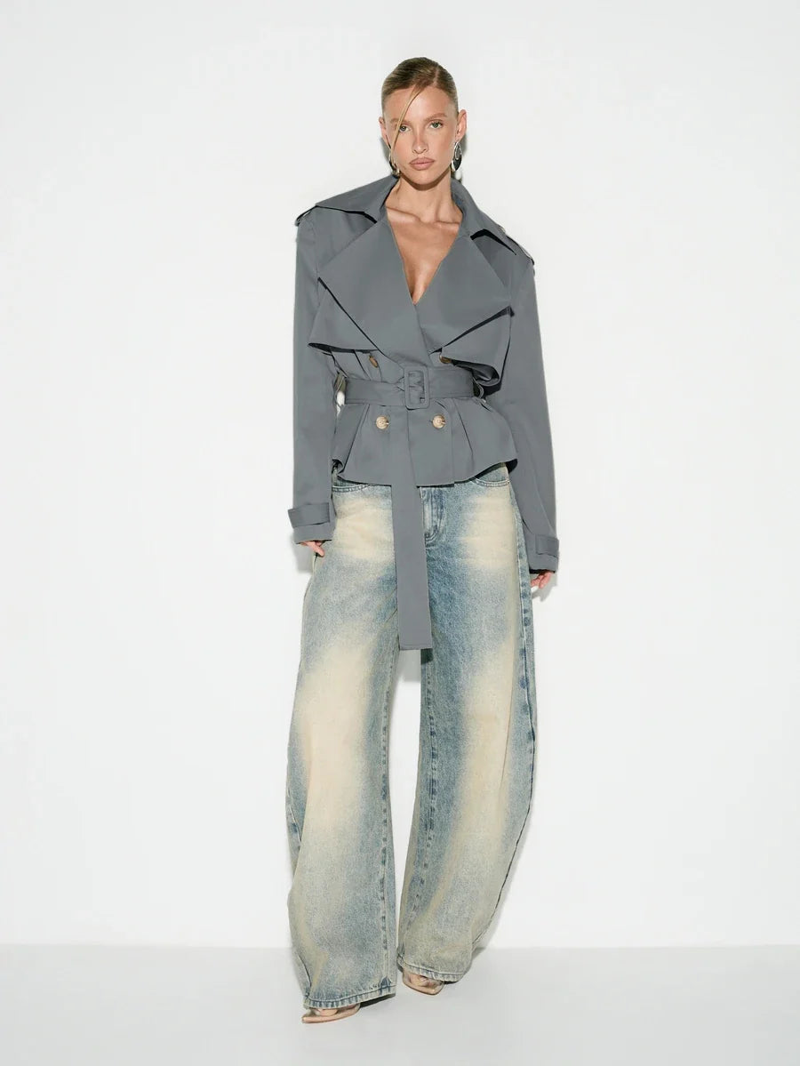 Cropped Belted Trench Coat with Shoulder Pads