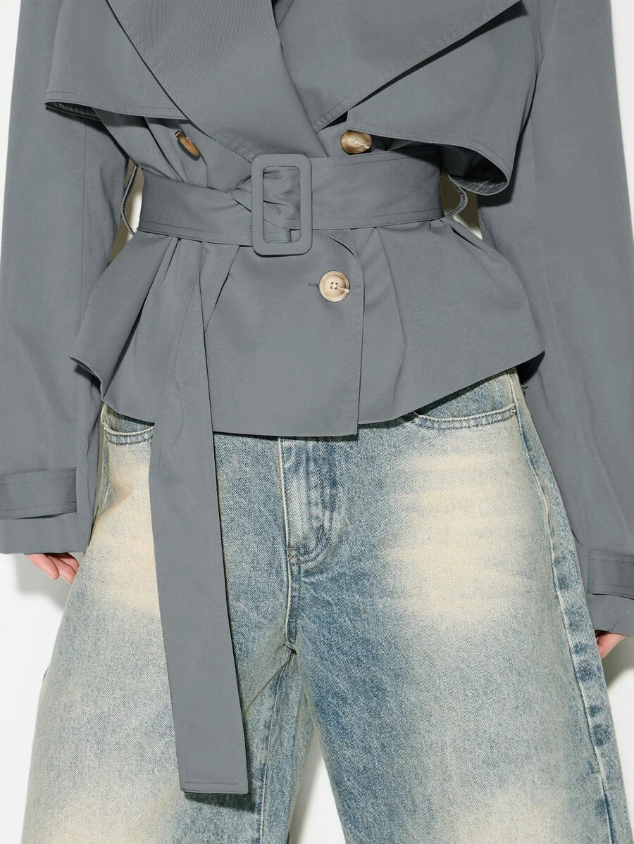 Cropped Belted Trench Coat with Shoulder Pads
