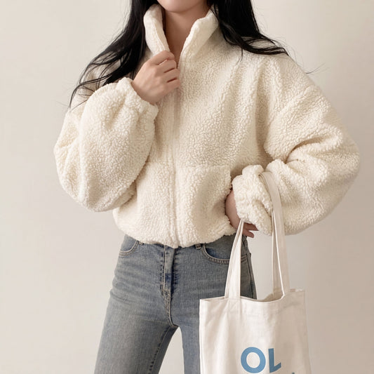 Cropped Half Zip Teddy Jacket