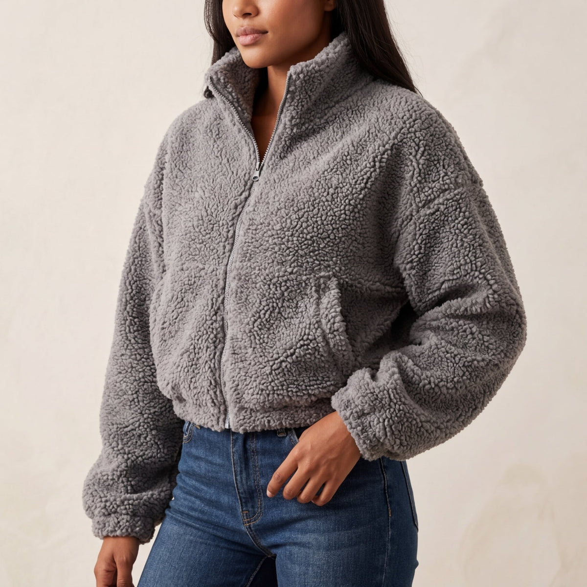 Cropped Half Zip Teddy Jacket