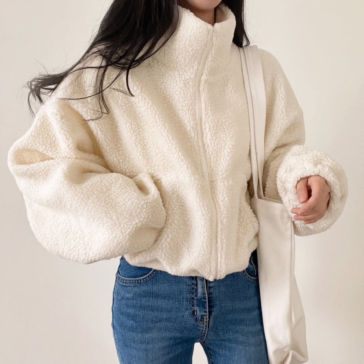 Cropped Half Zip Teddy Jacket