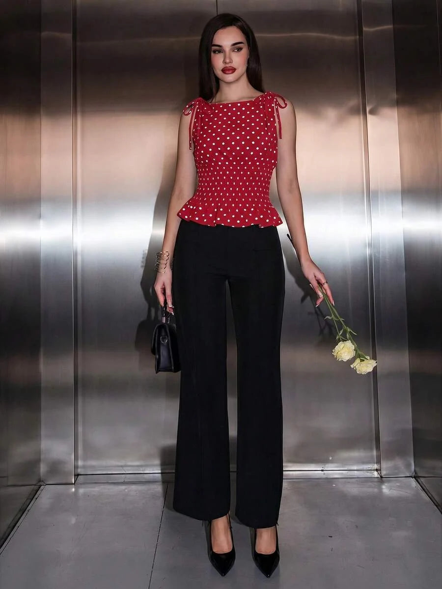 Polka Dot Bow Waist Peplum Top