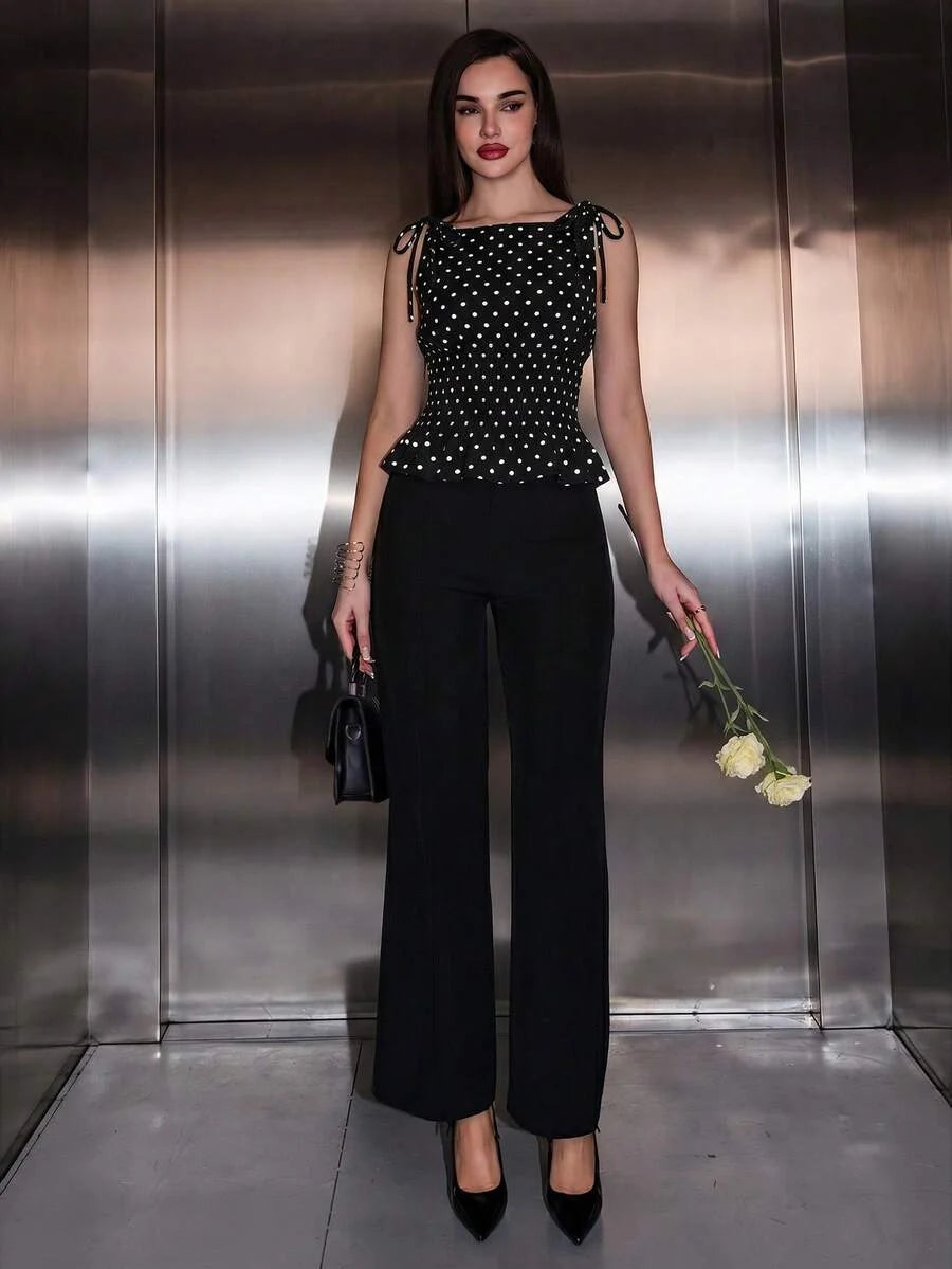 Polka Dot Bow Waist Peplum Top