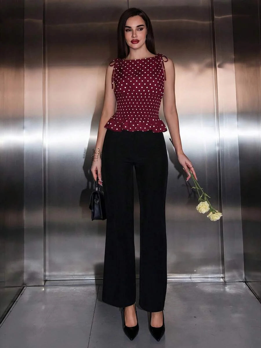 Polka Dot Bow Waist Peplum Top