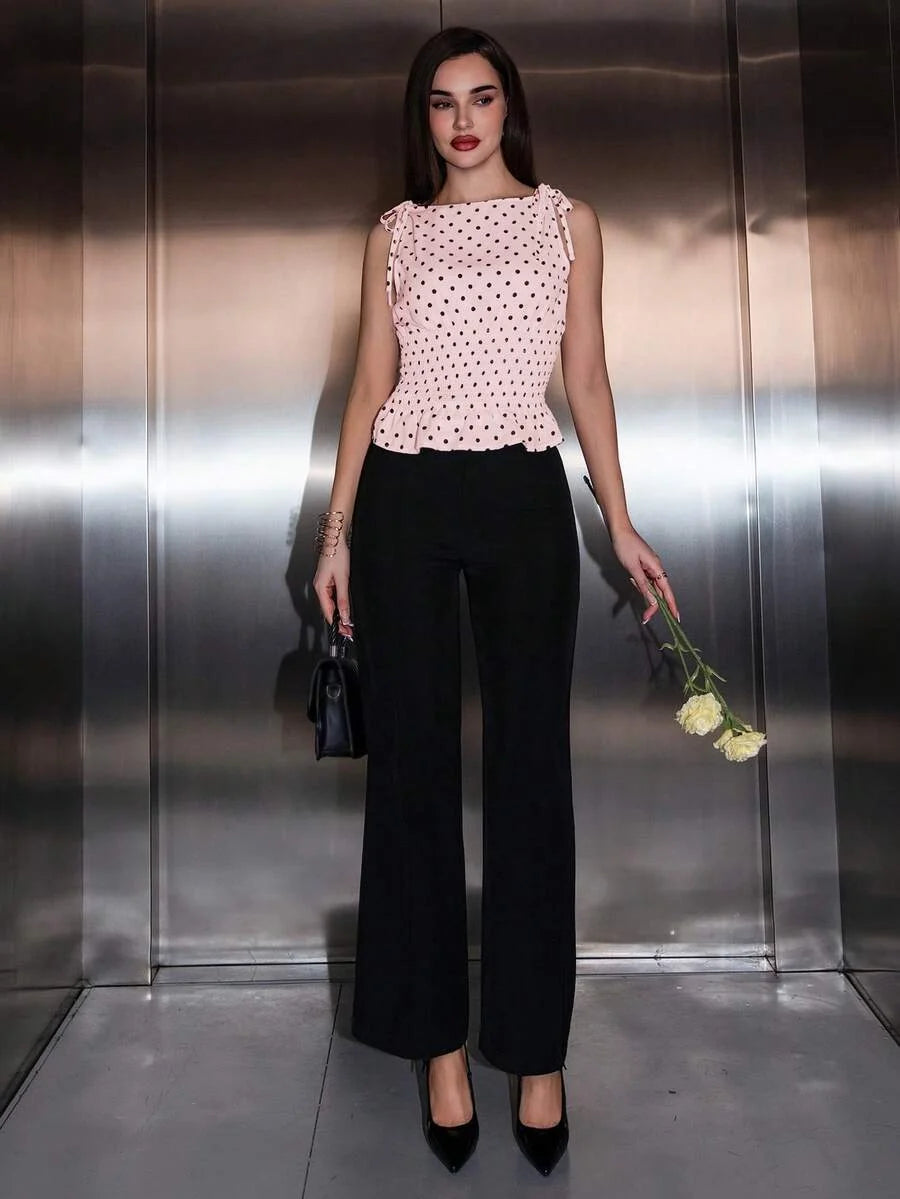 Polka Dot Bow Waist Peplum Top