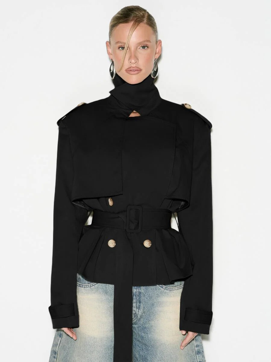 Cropped Belted Trench Coat with Shoulder Pads