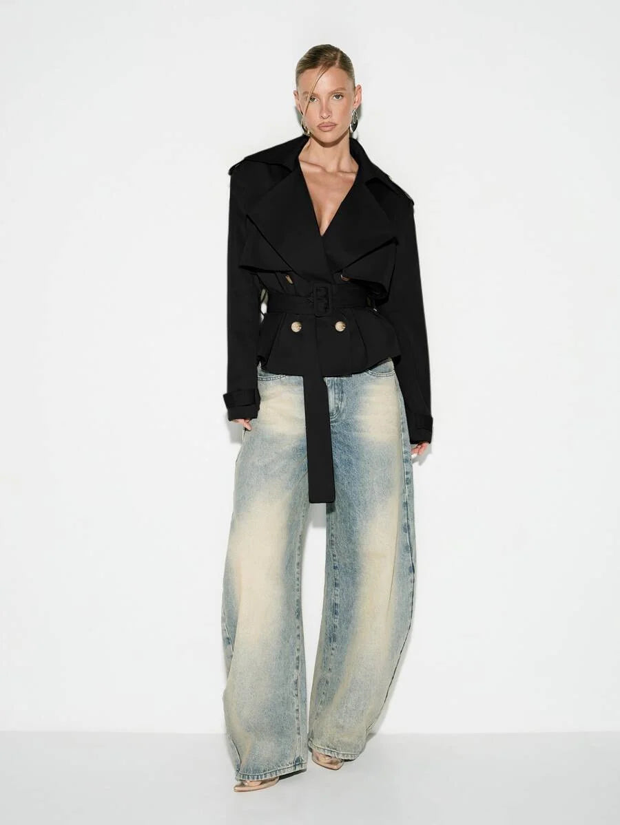 Cropped Belted Trench Coat with Shoulder Pads
