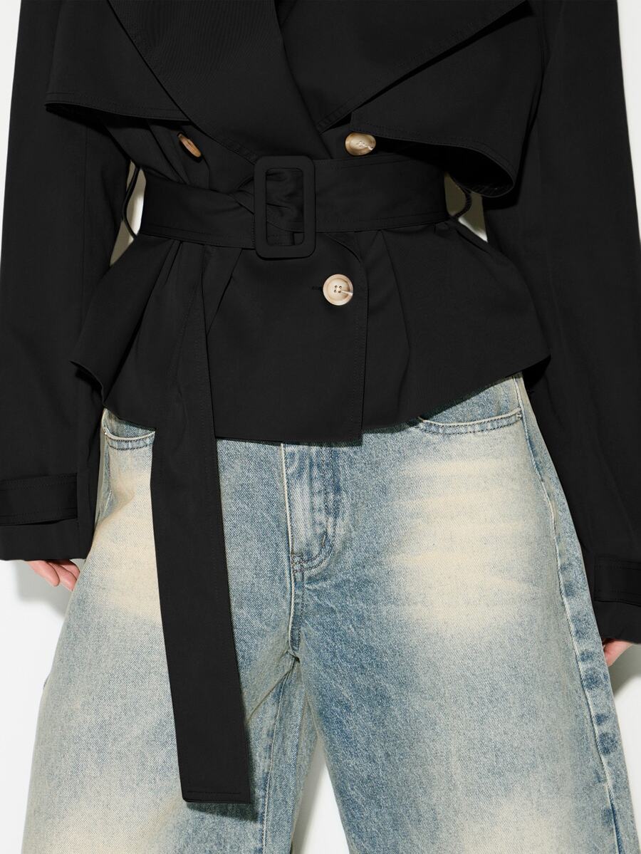 Cropped Belted Trench Coat with Shoulder Pads
