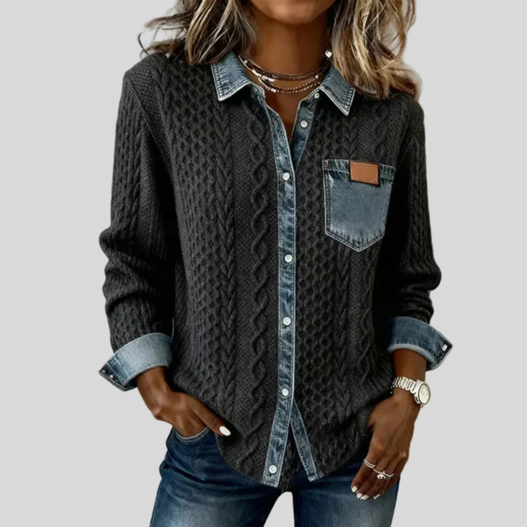 Long Sleeve Cable Knit Denim Patchwork Shirt