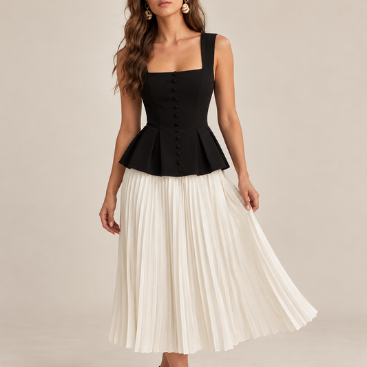 Square Neck Pleated Peplum Midi Dress