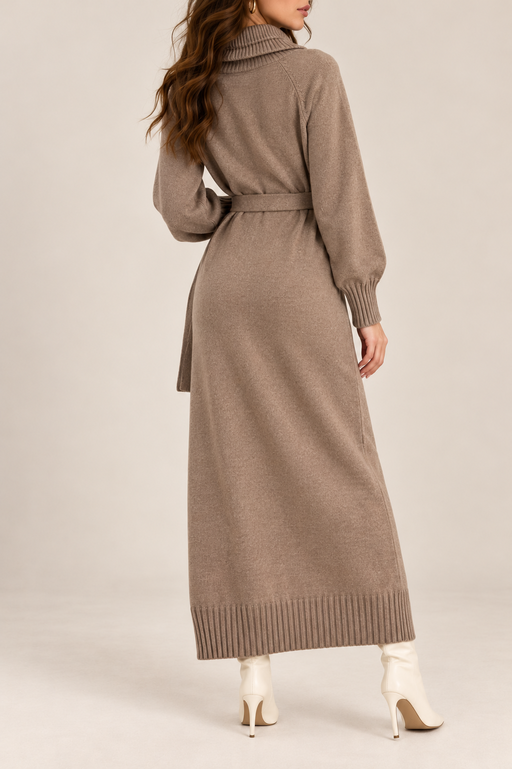 High Neck Belted Knit Midi Dress