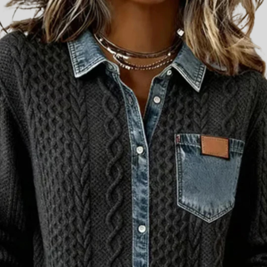 Long Sleeve Cable Knit Denim Patchwork Shirt