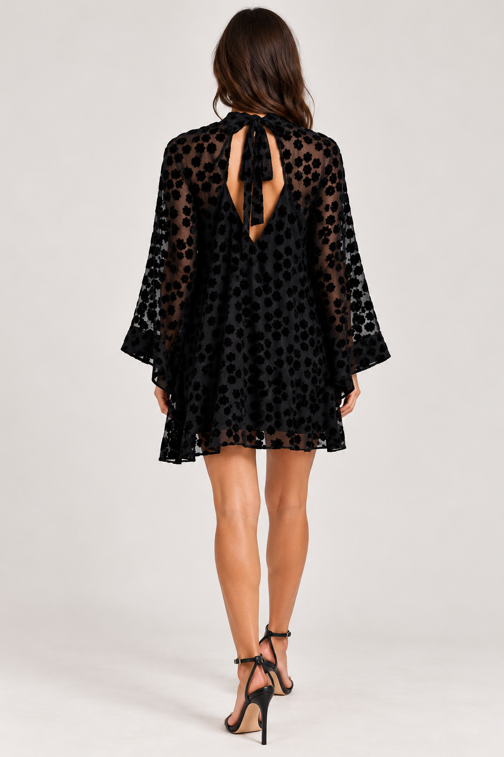 Flocked Floral Tie Neck Mini Dress