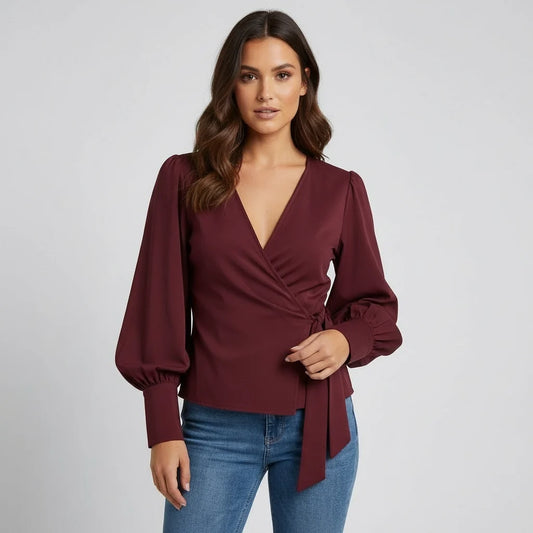 Puff-Sleeve Wrap Blouse
