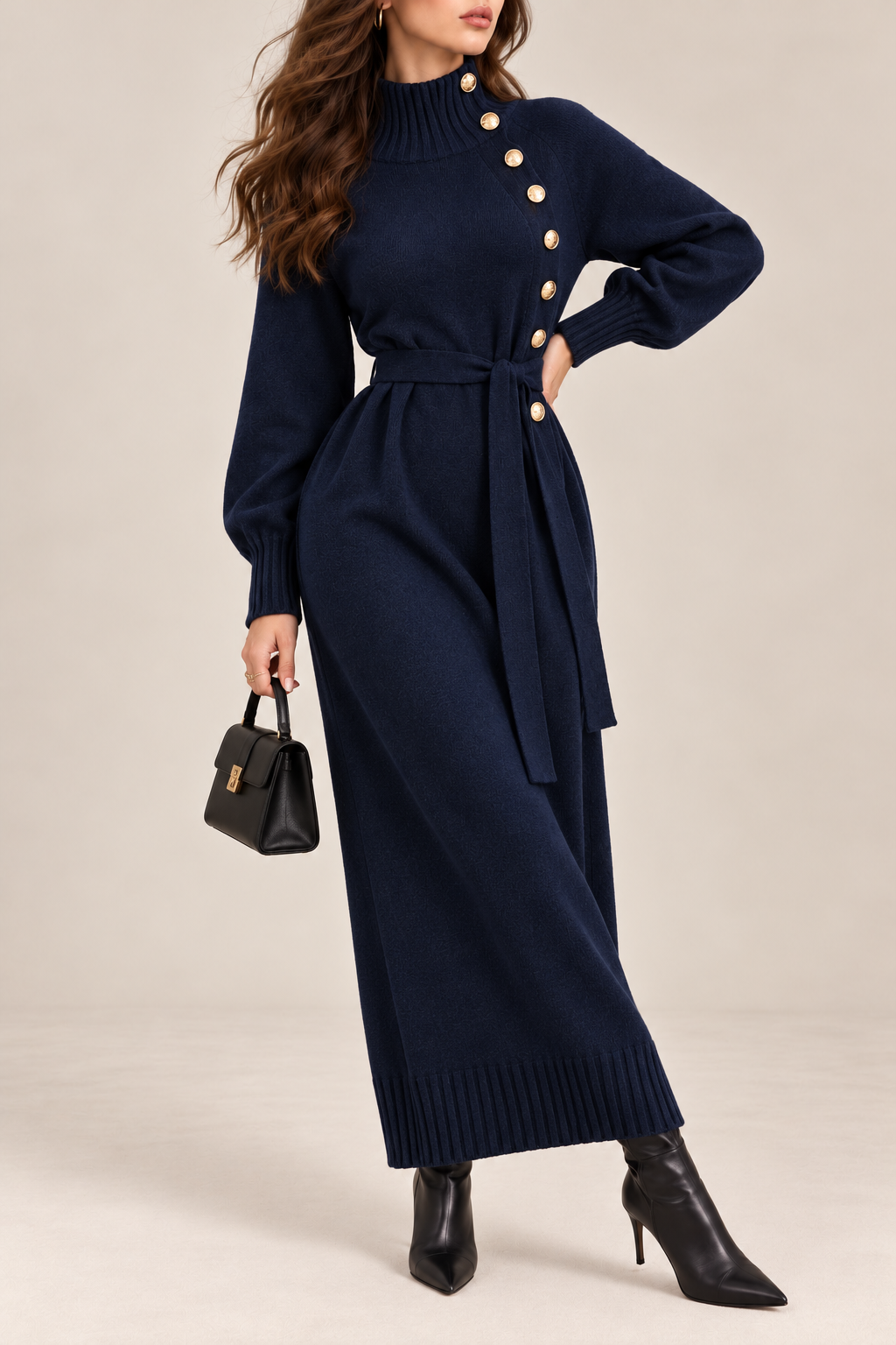 High Neck Belted Knit Midi Dress