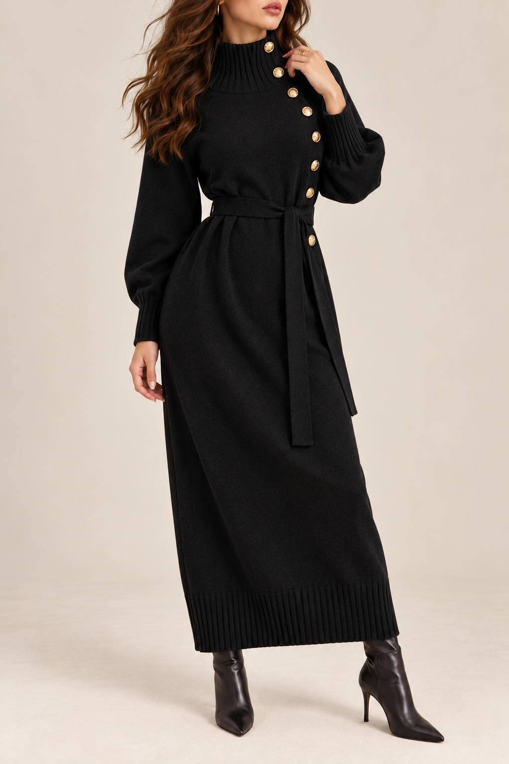 High Neck Belted Knit Midi Dress