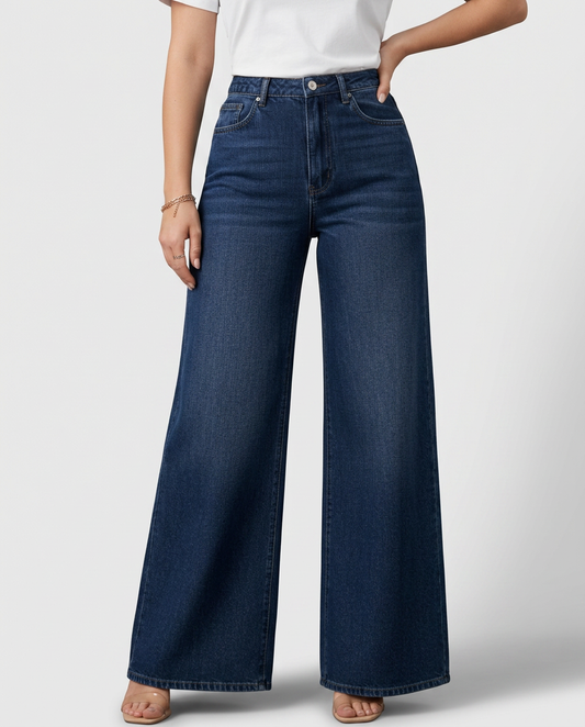 High-Waist Wide-Leg Denim-Look Trousers