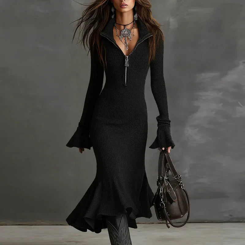 Long Dress with Turn-Down Collar and Flared Sleeves