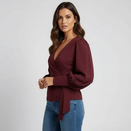 Puff-Sleeve Wrap Blouse