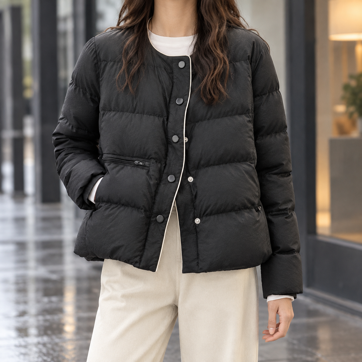Collarless Quilted Down Jacket