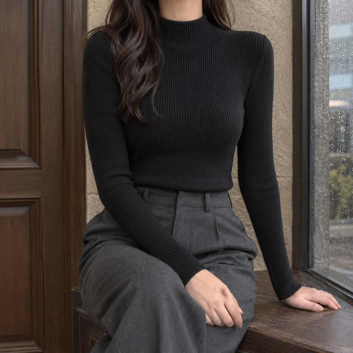 Fitted Ribbed Mock Neck Sweater