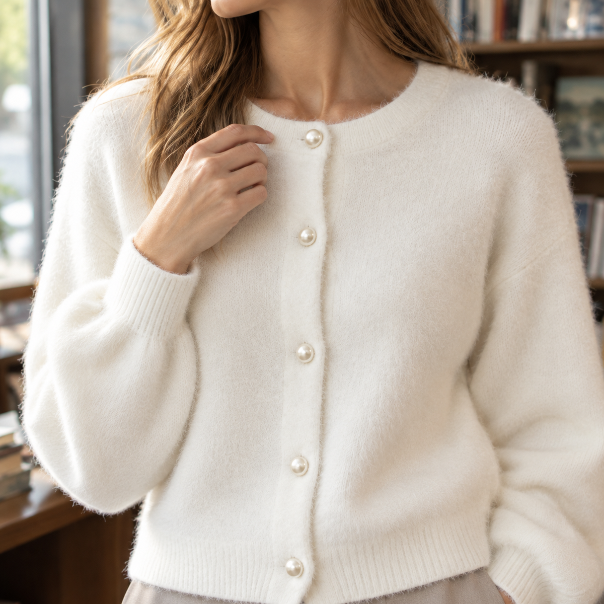 Fuzzy Knit Pearl Button Cardigan