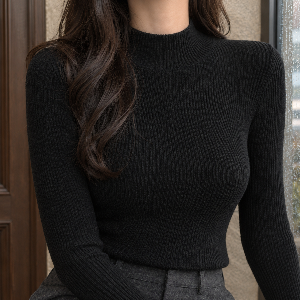 Fitted Ribbed Mock Neck Sweater
