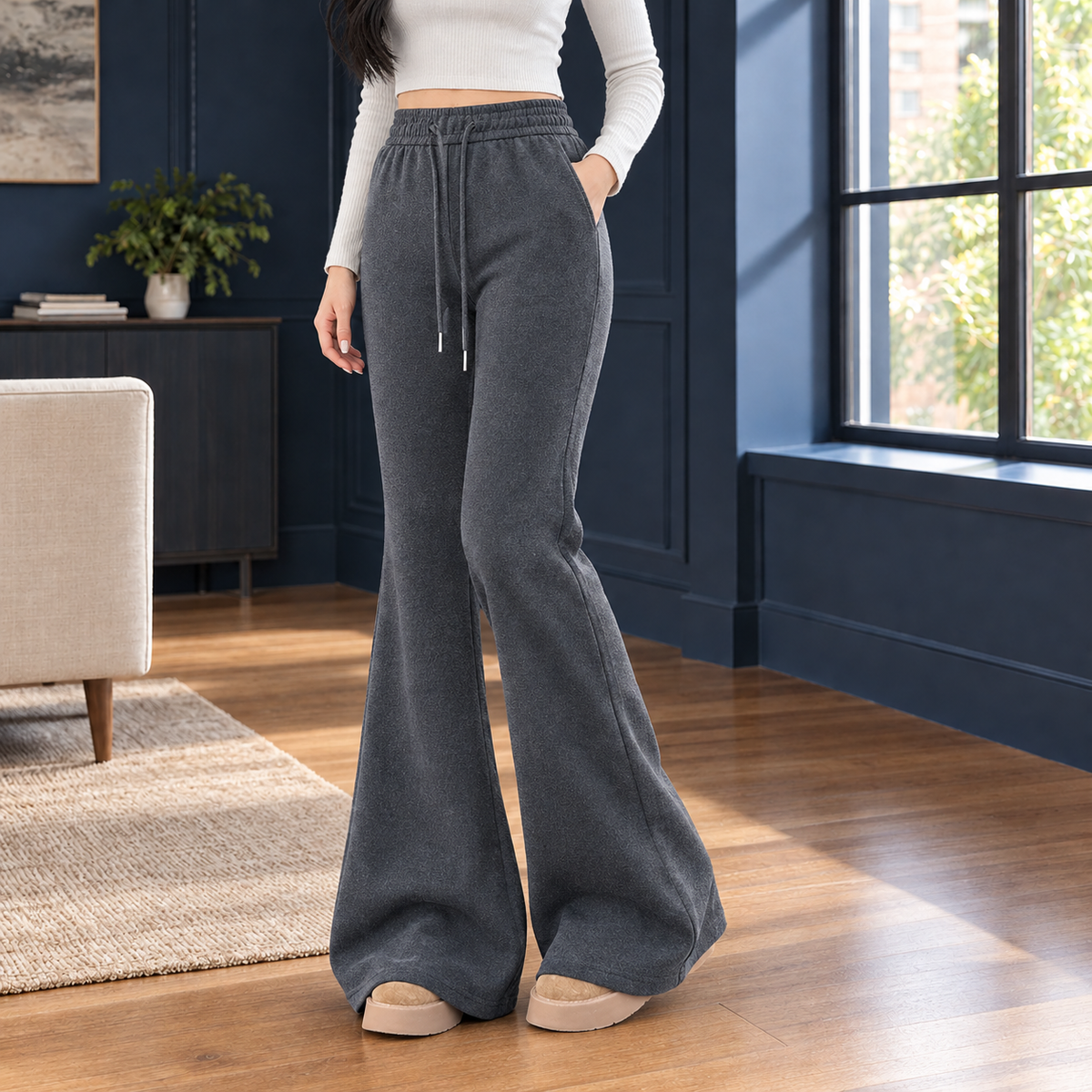 High Waisted Drawstring Flared Pants