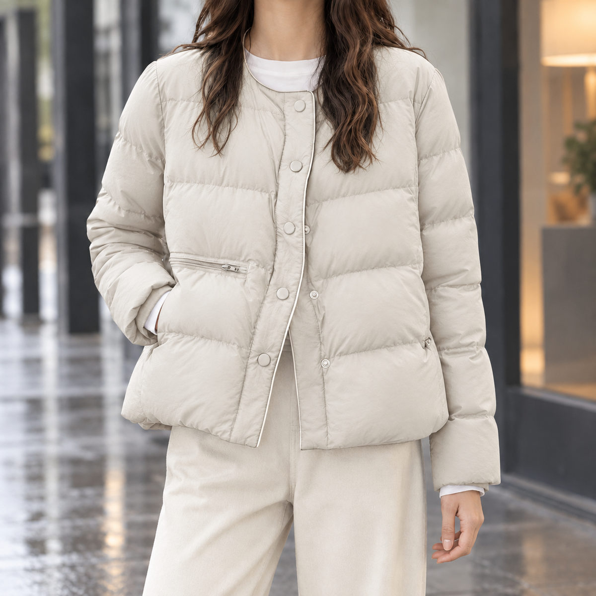 Collarless Quilted Down Jacket