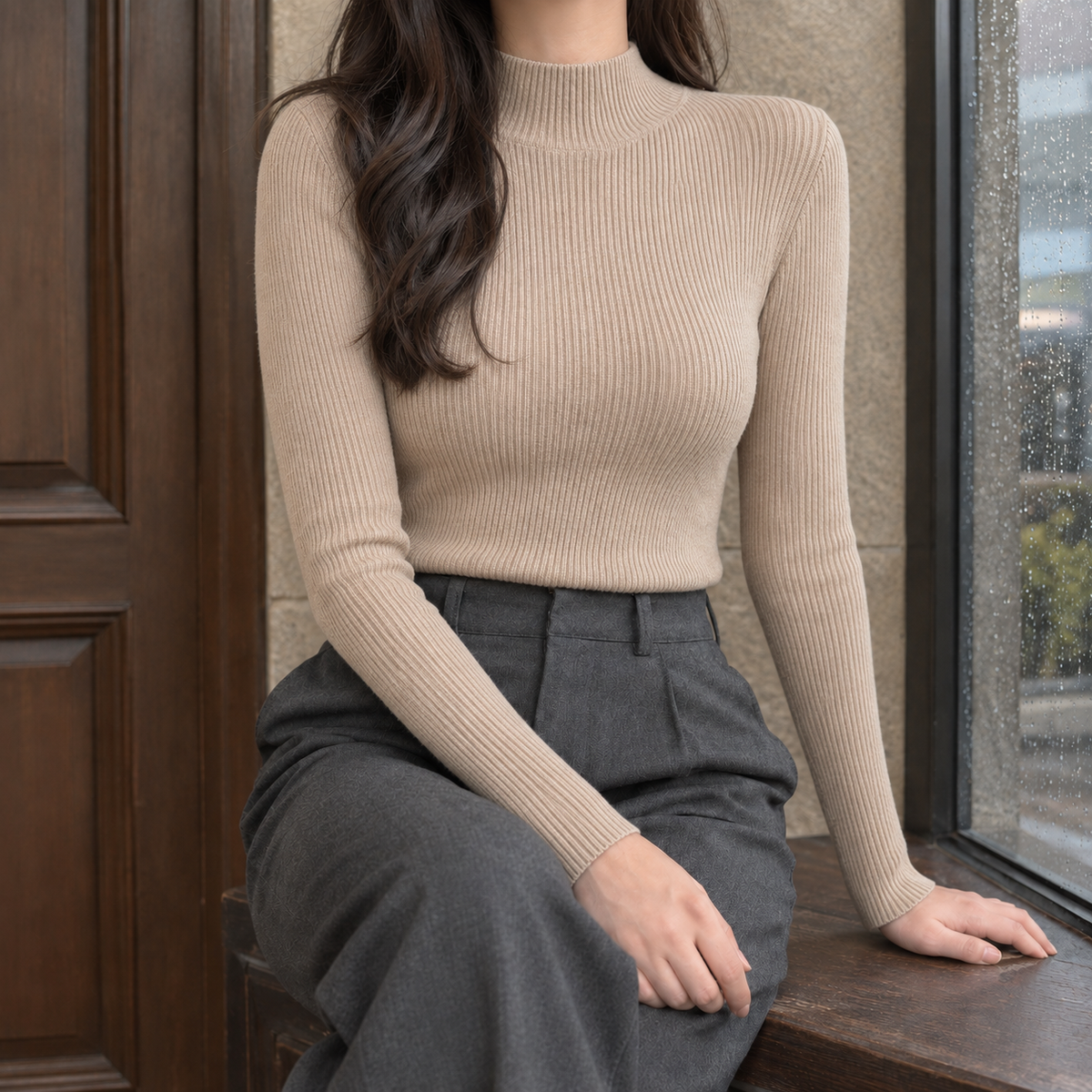 Fitted Ribbed Mock Neck Sweater