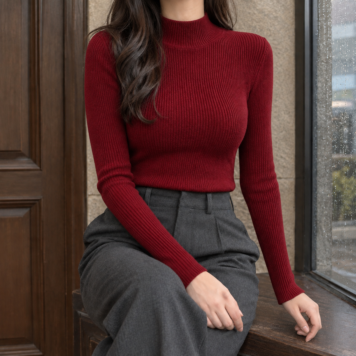 Fitted Ribbed Mock Neck Sweater