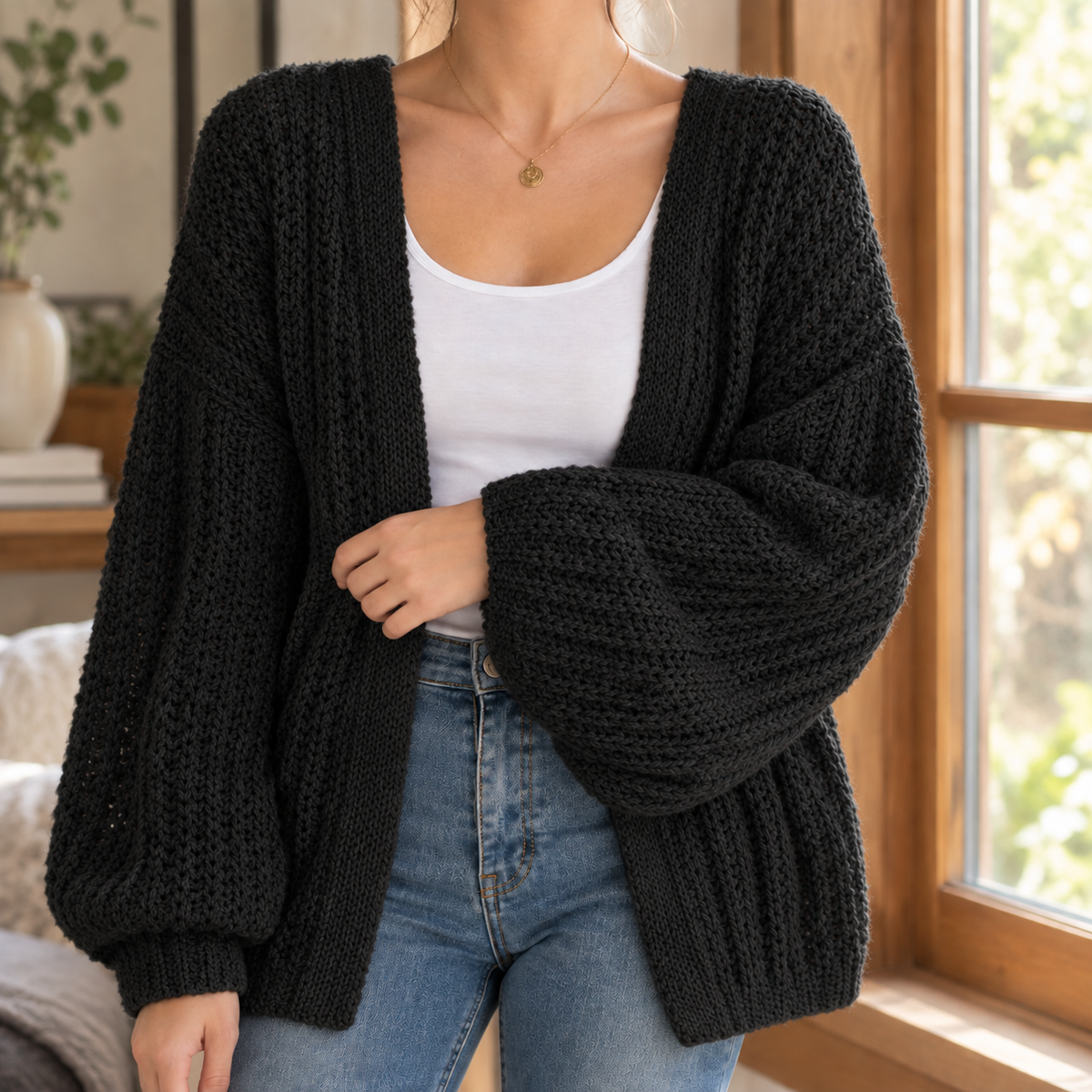 Chunky Knit Balloon Sleeve Cardigan