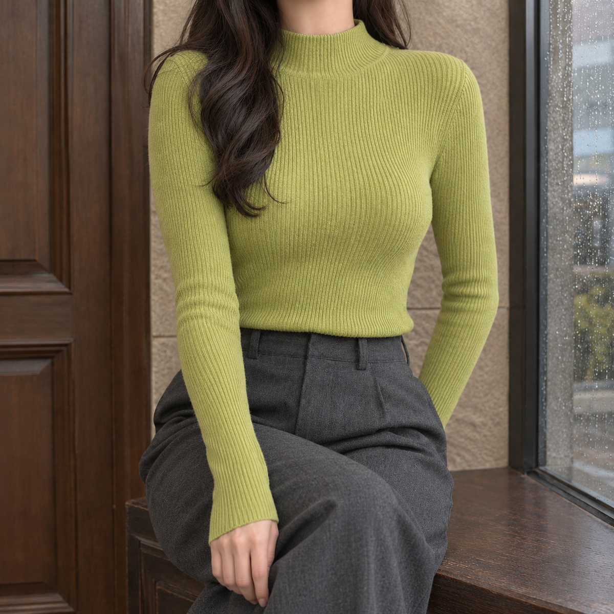 Fitted Ribbed Mock Neck Sweater