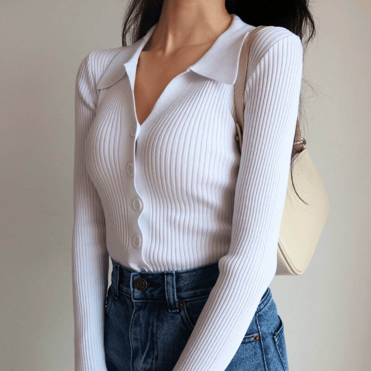 Collared Button Up Ribbed Top